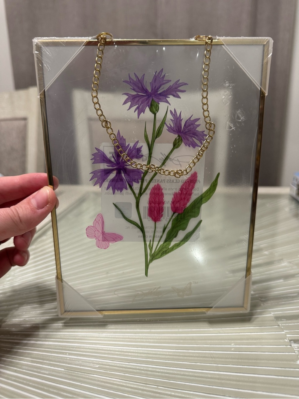 Dolly Parton Gold Glass Wall Accent with Purple and Pink Floral Artwork